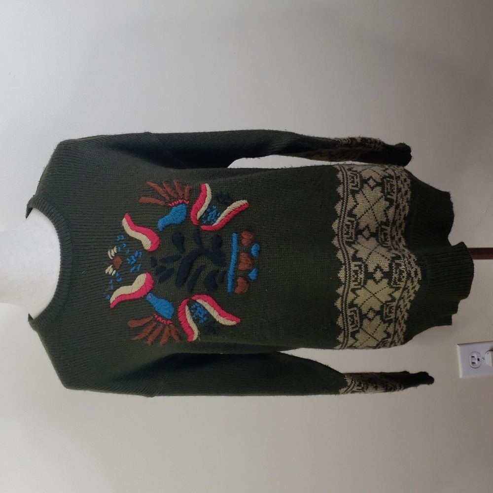 Albee Vtg Forest Green Peacock Crochet Sweater Size M